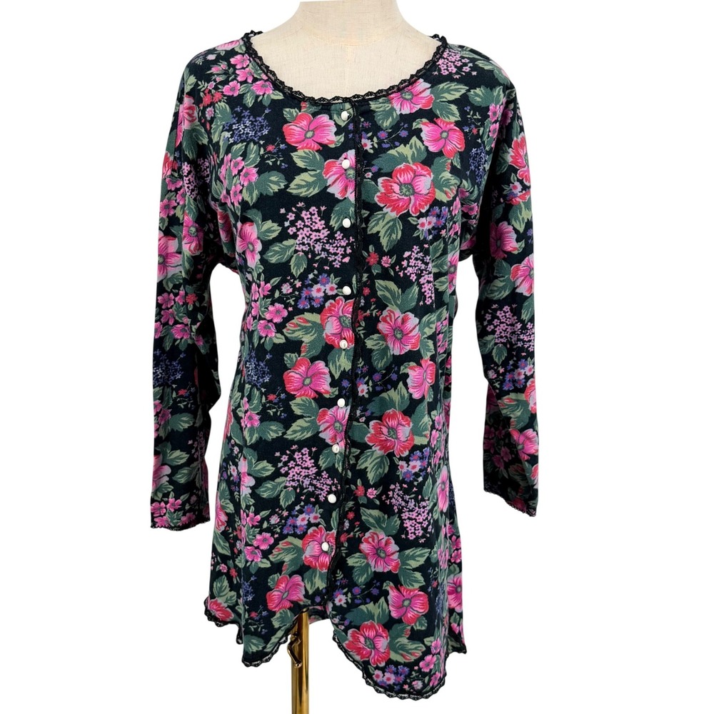 Victoria's Secret Vintage Sleep Shirt M/L Black Floral Cotton Lace Gold Label